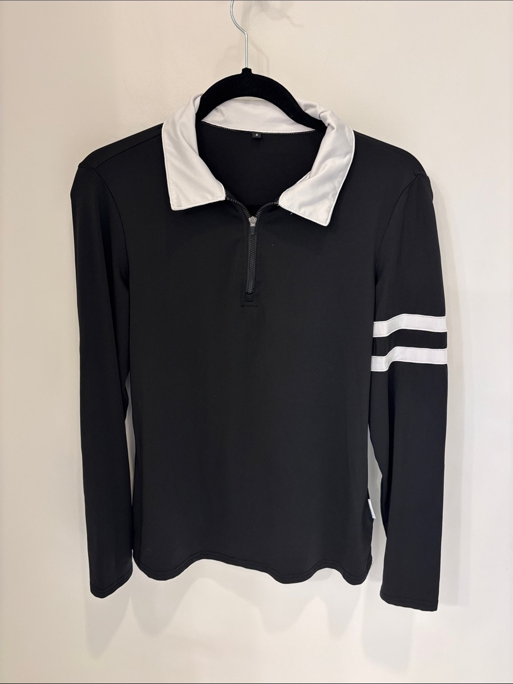Black Long Sleeve Polo with White Collar and Sleeve Stripes